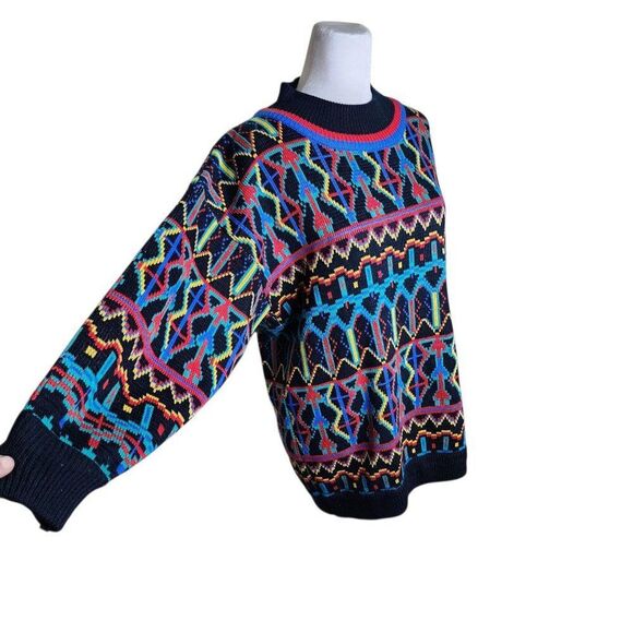 Vintage 80s Geometric Sweater Womens Size L Multi Black Oversized - Picture 2 of 7
